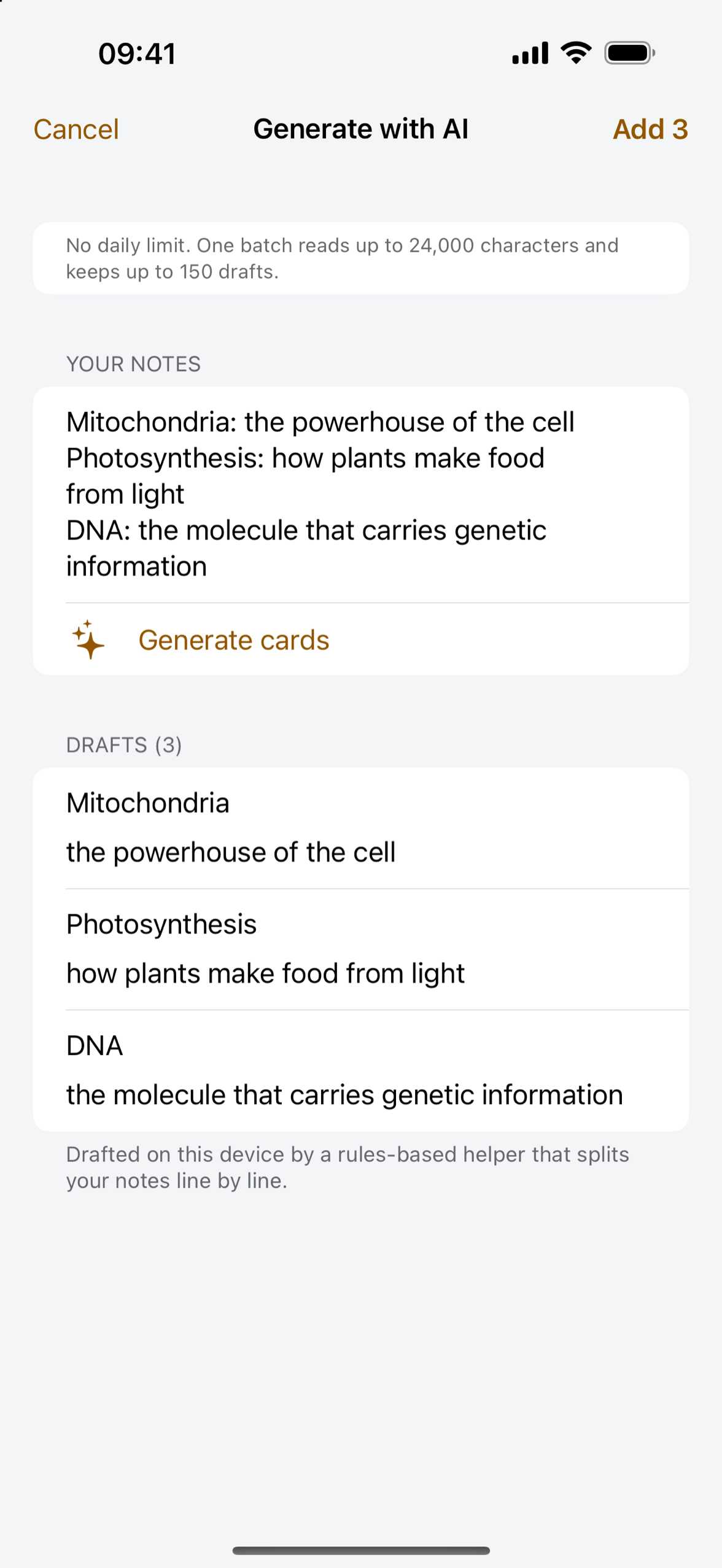 Notes and draft flashcards in Deckmere on iPhone, ready to check and keep