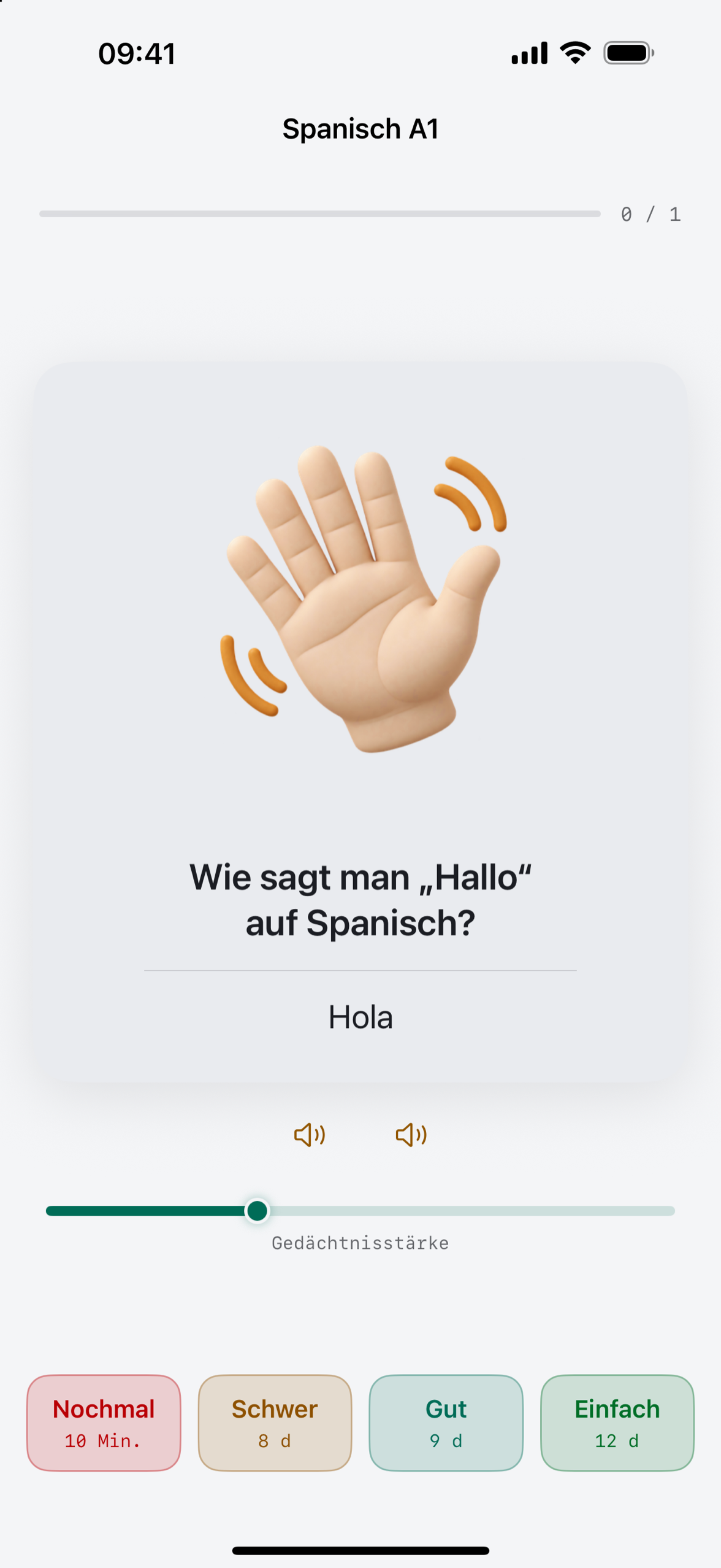 Eine Deckmere-Lernkarte auf dem iPhone mit aufgedeckter Antwort und vier Bewertungen samt nächsten Intervallen.