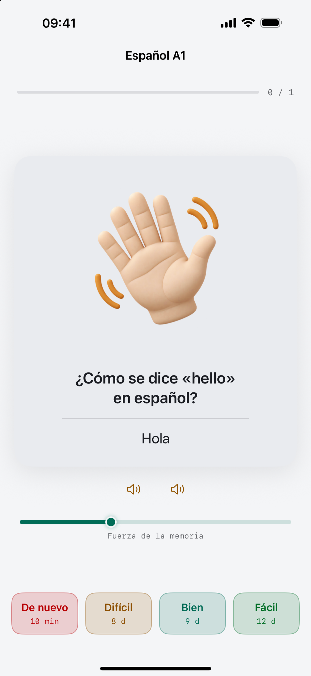 Una tarjeta de estudio de Deckmere en iPhone con la respuesta revelada y las cuatro calificaciones, cada una mostrando su siguiente intervalo.