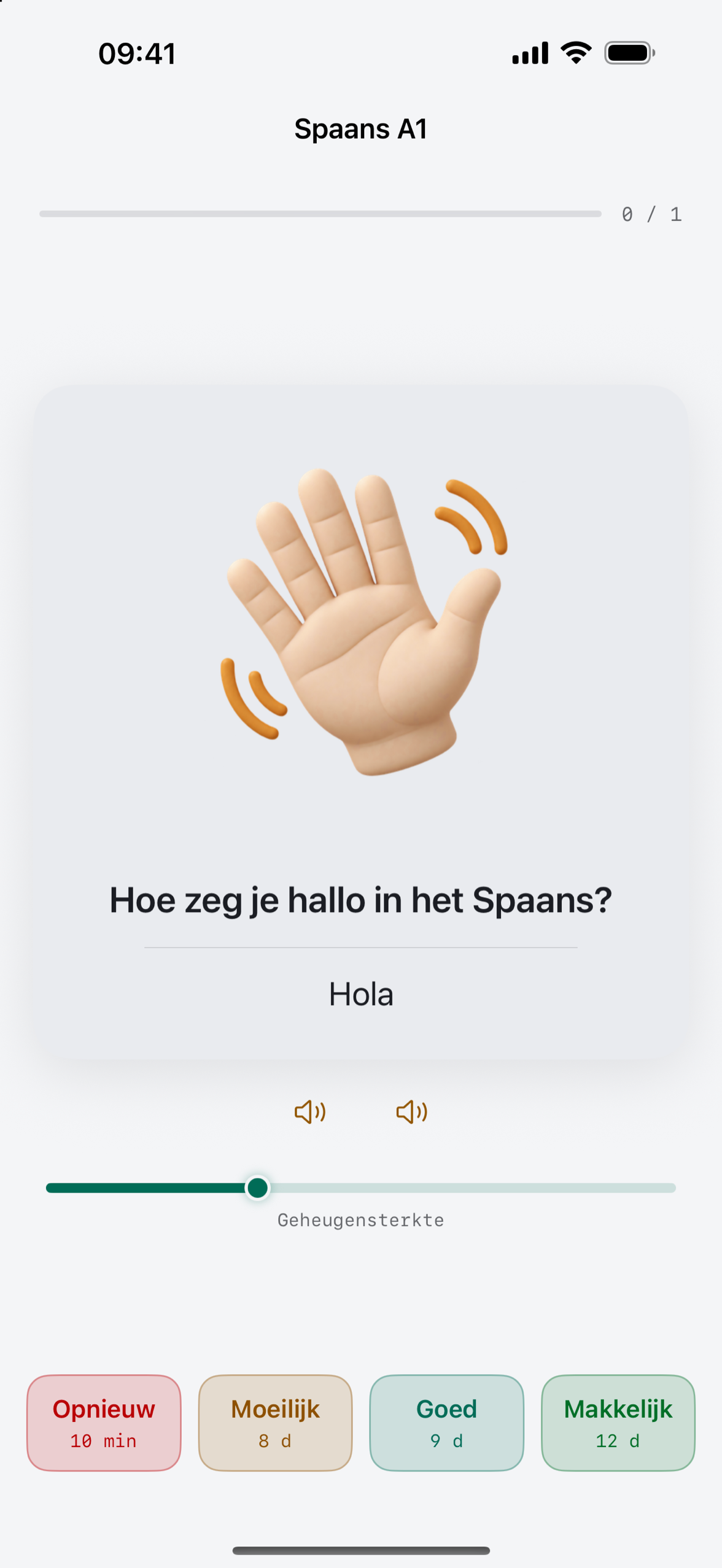 Een Deckmere-leerkaart op iPhone met het antwoord zichtbaar en de vier beoordelingen, elk met het volgende interval.
