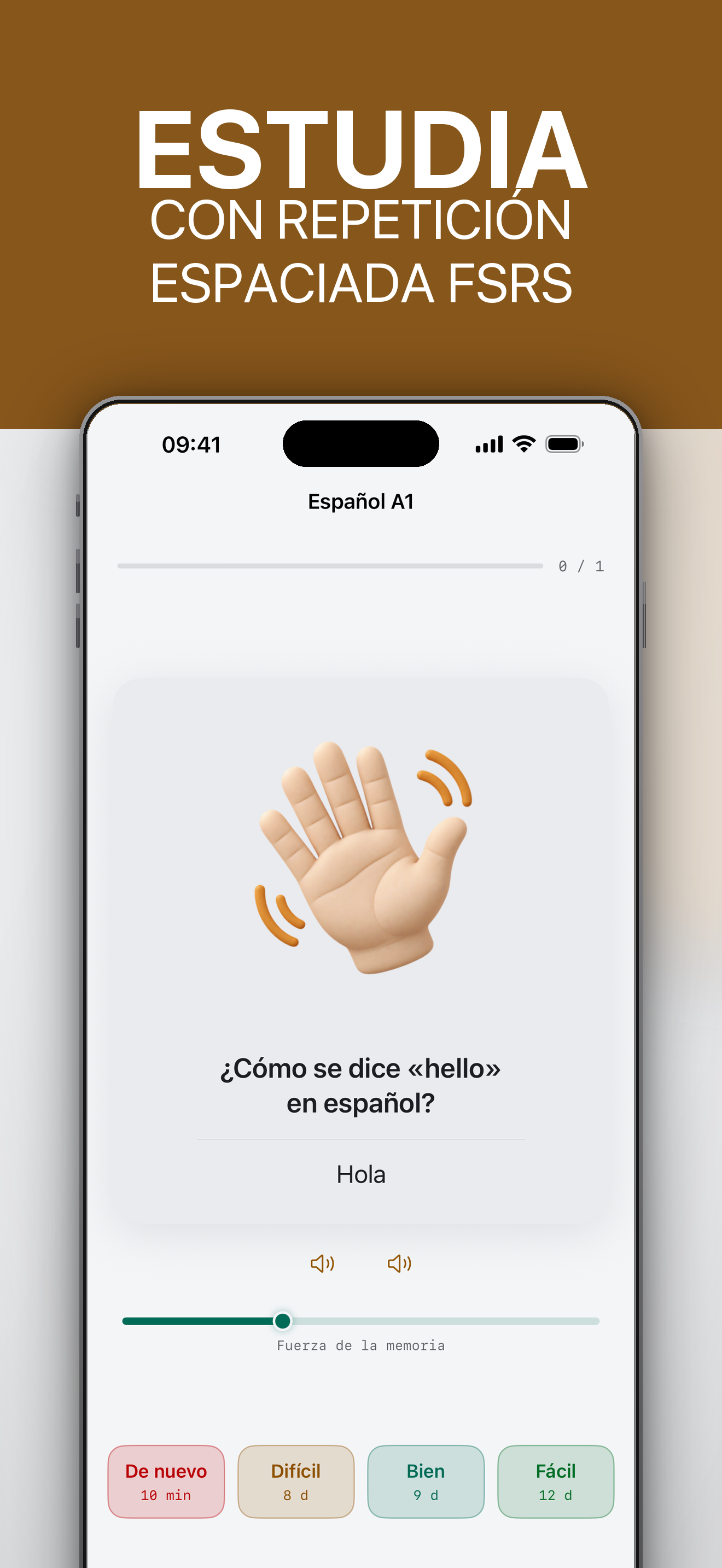 Una tarjeta de estudio de Deckmere en iPhone con la respuesta revelada y las cuatro calificaciones, cada una mostrando su siguiente intervalo.